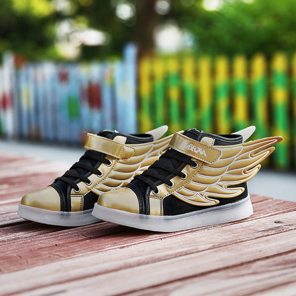 DoGeek Boys and Girls Gift High Top Black Gold Wings Light Up Shoes, Black, 25 EU-37 EU(Choose Half Size Up) - DoGeek shoes/schuhe/chaussures/baskets/scarpe/trainers
